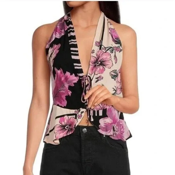 Free People Hot Tropics Open Front Sleeveless Top Size Medium Women Pink New - Picture 3 of 9